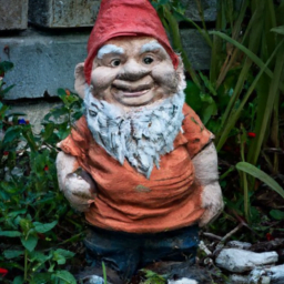 Garden gnome wearing a red hat and orange shirt standing among plants.