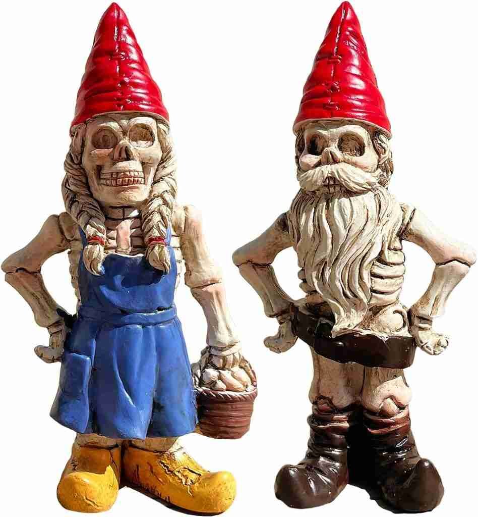 JARPSIRY 2PCS Male and Female Halloween Skeleton Gnome Couple Garden Gnomes Statue Zombie Gnome Sculptures Resin Dwarf Figurines for Indoor Home Ornaments Outdoor Patio Yard Lawn Porch Decor