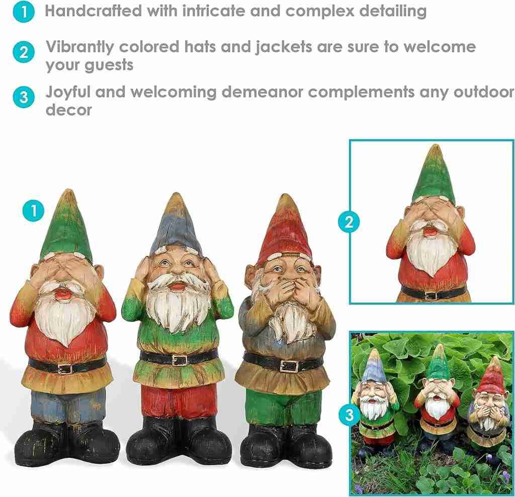 Sunnydaze 12-Inch H Three Wise Garden Gnomes - Hear, Speak, See No Evil Set - Outdoor Lawn Statues