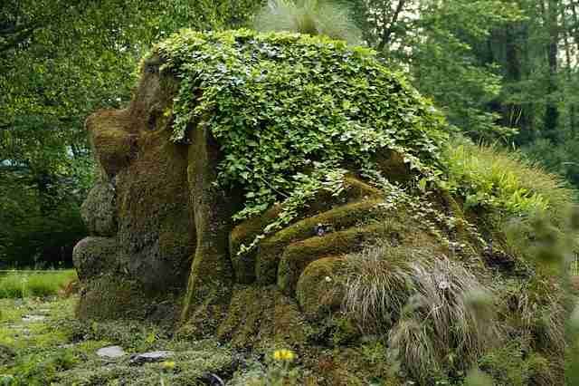 Moss-covered sculpture of a large reclining face and hand, overgrown with ivy and surrounded by greenery.