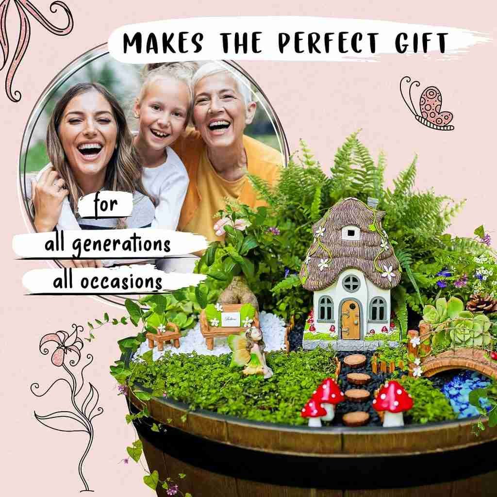 Image of three women from different generations laughing together, with a miniature fairy garden in the foreground, including a small house, figurines, and plants. Text reads, "Makes the perfect gift for all generations all occasions."