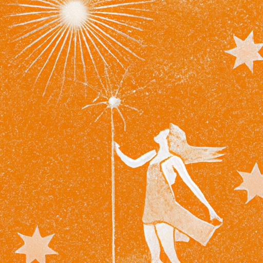 Illustration of a woman in a dress holding a star on a stick against an orange background with several stars around.