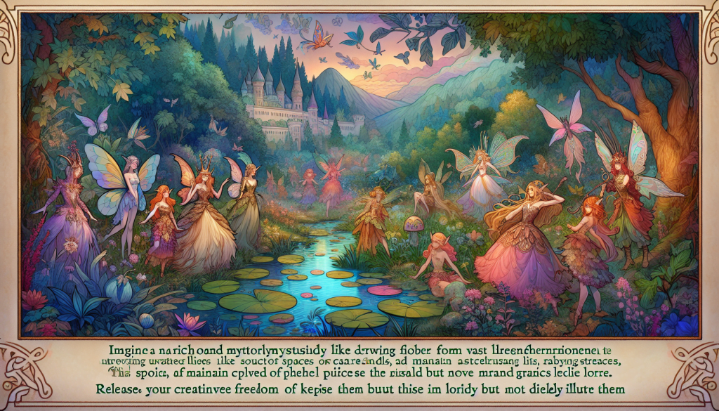 A fantasy illustration depicting fairies with colorful wings in a lush forest near a stream with lily pads, surrounded by glowing flora, butterflies, and a castle in the background. Text with a mystical appearance is inscribed at the bottom.