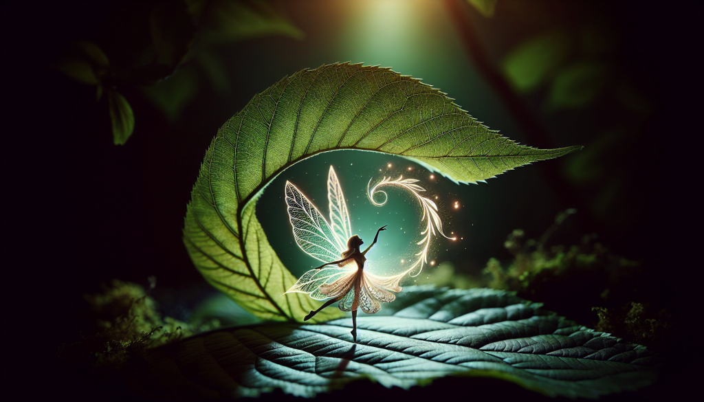 A glowing fairy dancing on a leaf under a large leaf canopy with magical sparkles around her.