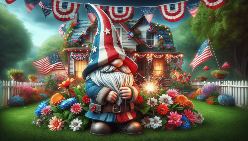 Patriotic garden gnome wearing a stars and stripes hat, holding a sparkler, in front of a festive house decorated with American flags and flower beds.