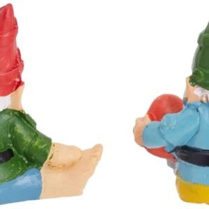 Two small figurines of gnomes with their backs facing the viewer, one with a red hat in green clothes and the other with a green hat in blue and yellow clothes.