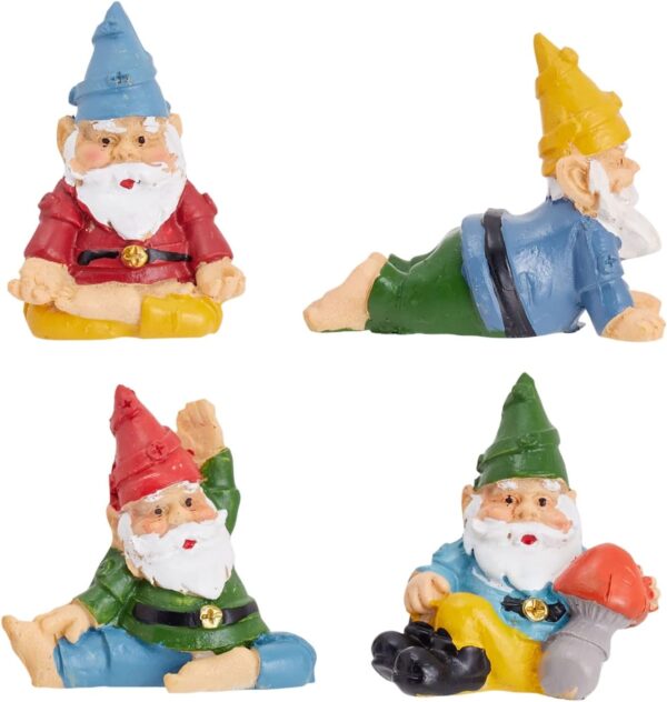 Four small garden gnome figurines in different poses, wearing colorful hats and clothes.