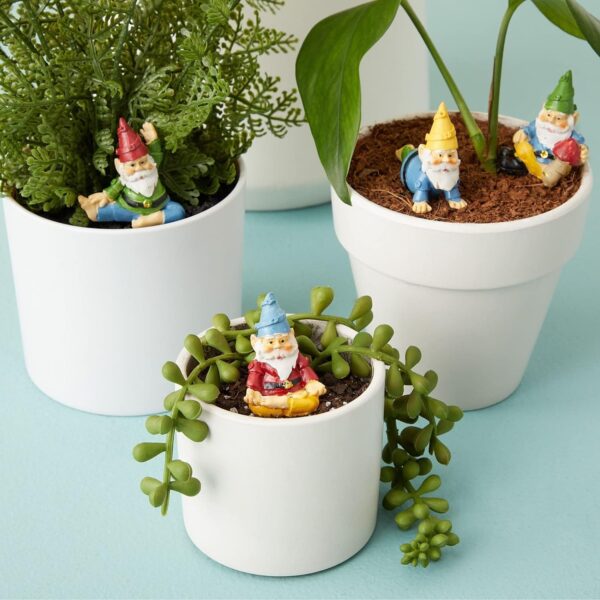 White pots with various green plants and small colorful gnome figurines placed in the soil.