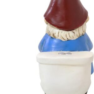 Back view of a garden gnome sitting on a toilet with "Back" text at the bottom.