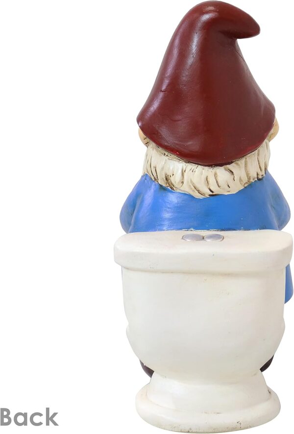 Back view of a garden gnome sitting on a toilet with "Back" text at the bottom.