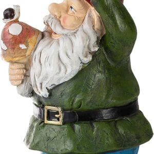 Garden gnome with a red hat, green coat, blue pants, and brown boots, holding a mushroom in one hand.