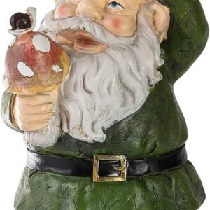 Garden gnome with a red hat, green tunic, blue pants, and brown boots, holding a mushroom and touching his head.