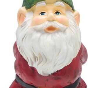 Garden gnome figurine with a green hat, white beard, red coat, blue pants, and black boots.