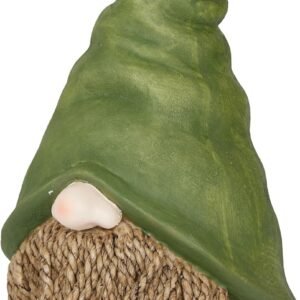 A small garden gnome with a long green hat decorated with a pink flower at the tip, a round nose peeking out, and a beard made of twisted rope strands.