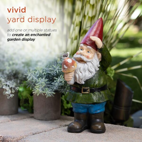 A garden gnome statue holding a mushroom, surrounded by plants, with the text "vivid yard display" and "add one or multiple statues to create an enchanted garden display."