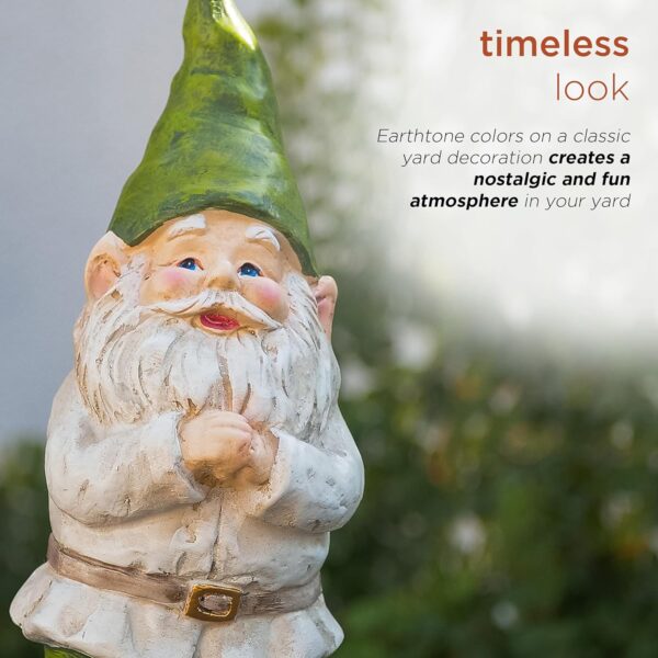 A garden gnome with a green hat and white beard. Text reads, "timeless look. Earthtone colors on a classic yard decoration creates a nostalgic and fun atmosphere in your yard."