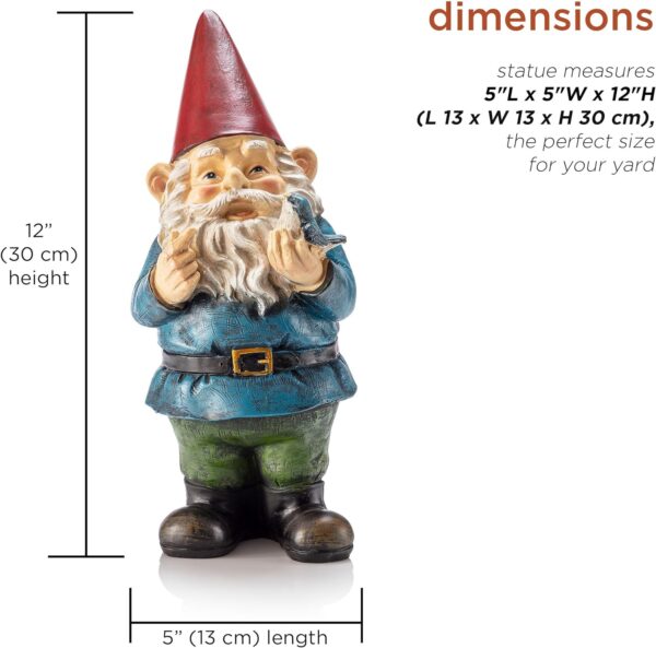 A gnome statue with a red hat, blue shirt, green pants, black boots, and a white beard, measuring 12 inches (30 cm) tall and 5 inches (13 cm) wide and long.