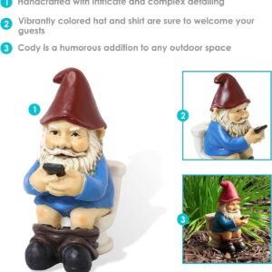 Garden gnome figurine sitting on a toilet reading a phone, described as handcrafted with intricate detailing, featuring a vibrantly colored hat and shirt, and suitable as a humorous addition to outdoor spaces.