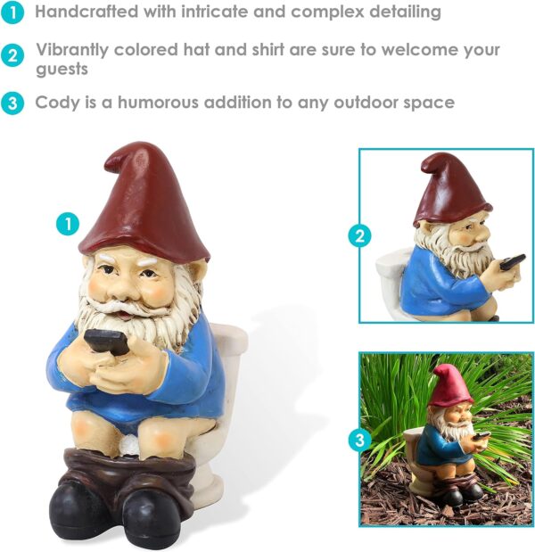 Garden gnome figurine sitting on a toilet reading a phone, described as handcrafted with intricate detailing, featuring a vibrantly colored hat and shirt, and suitable as a humorous addition to outdoor spaces.