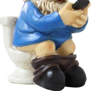 Garden gnome figurine sitting on a toilet, wearing a blue coat and holding a smartphone.