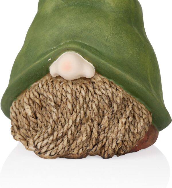 Garden gnome with a green hat that covers its face, leaving only the nose and beard made of twisted rope visible.